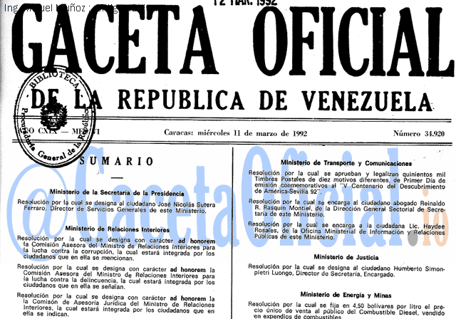Gaceta Oficial 34920 del 11 Marzo 1992