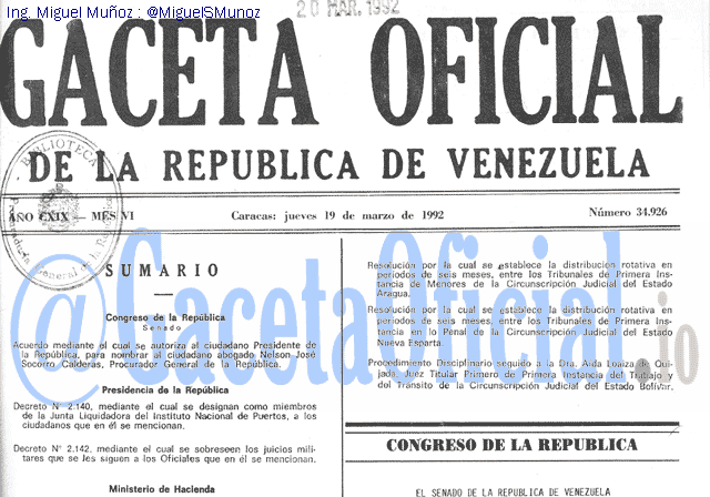 Gaceta Oficial 34926 del 19 Marzo 1992