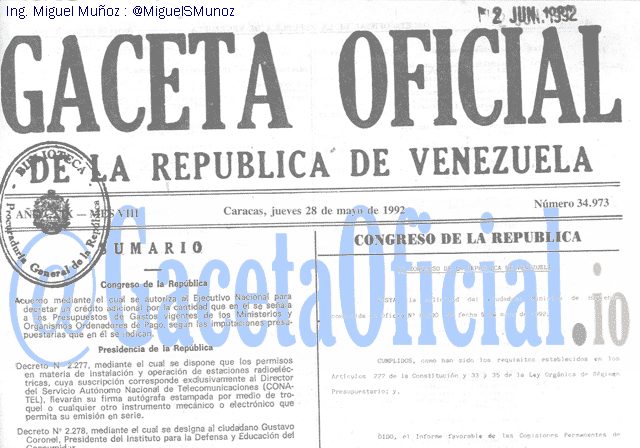 Gaceta Oficial 34973 del 28 Mayo 1992
