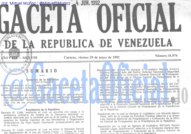 Gaceta Oficial 34974 del 29 Mayo 1992