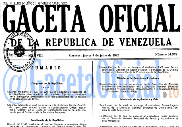 Gaceta Oficial 34978 del 4 Junio 1992