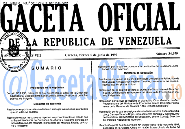 Gaceta Oficial 34979 del 5 Junio 1992