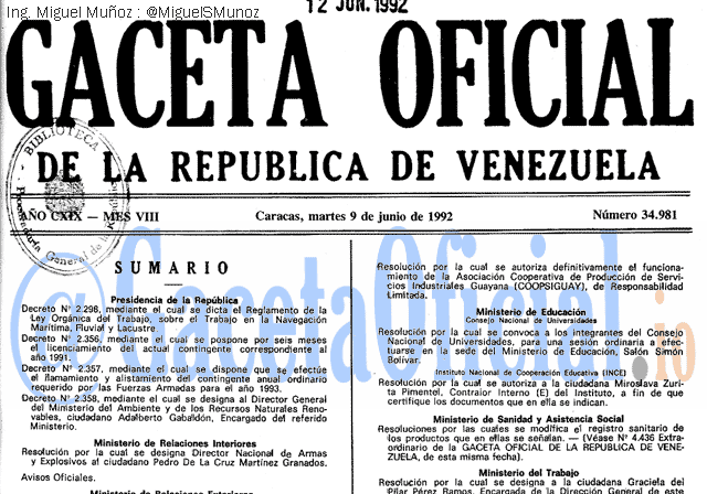 Gaceta Oficial 34981 del 9 Junio 1992