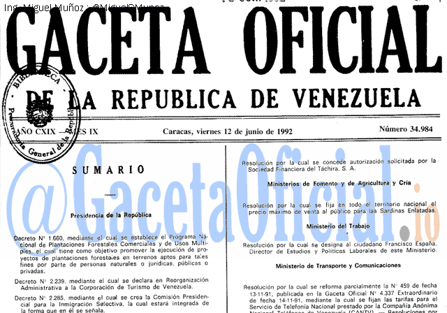 Gaceta Oficial 34984 del 12 Junio 1992