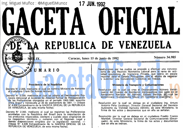 Gaceta Oficial 34985 del 15 Junio 1992