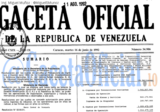 Gaceta Oficial 34986 del 16 Junio 1992