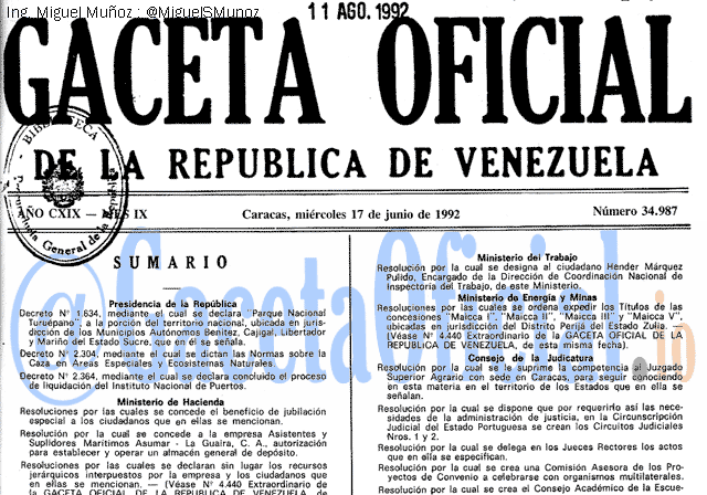 Gaceta Oficial 34987 del 17 Junio 1992