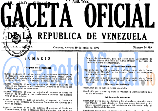 Gaceta Oficial 34989 del 19 Junio 1992