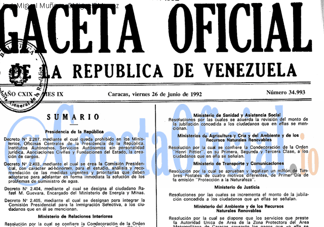 Gaceta Oficial 34993 del 26 Junio 1992