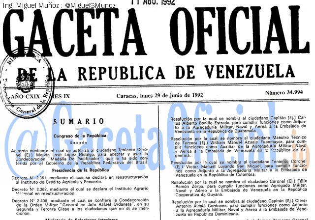 Gaceta Oficial 34994 del 29 Junio 1992