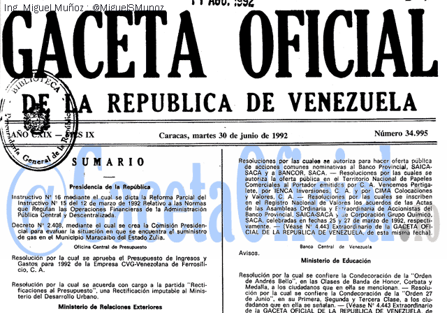 Gaceta Oficial 34995 del 30 Junio 1992