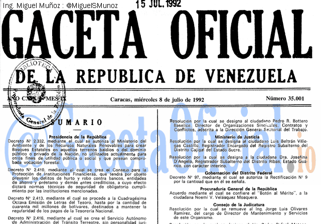 Gaceta Oficial 35001 del 8 Julio 1992