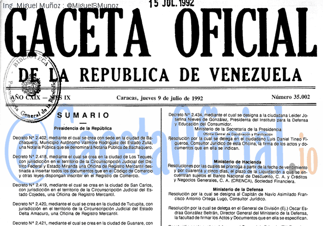 Gaceta Oficial 35002 del 9 Julio 1992
