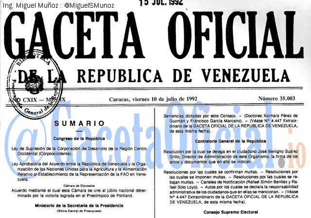 Gaceta Oficial 35003 del 10 Julio 1992