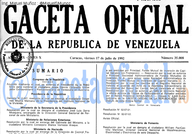 Gaceta Oficial 35008 del 17 Julio 1992