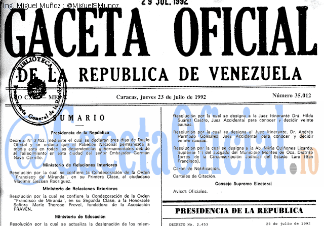 Gaceta Oficial 35012 del 23 Julio 1992
