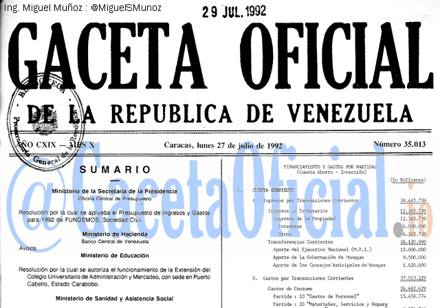Gaceta Oficial 35013 del 27 Julio 1992