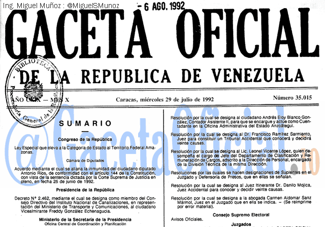 Gaceta Oficial 35015 del 29 Julio 1992