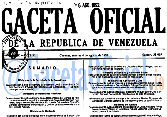 Gaceta Oficial 35019 del 4 Agosto 1992