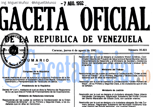 Gaceta Oficial 35021 del 6 Agosto 1992