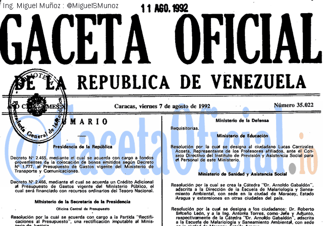 Gaceta Oficial 35022 del 7 Agosto 1992