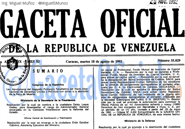 Gaceta Oficial 35029 del 18 Agosto 1992