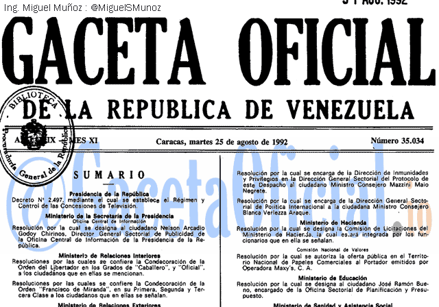 Gaceta Oficial 35034 del 25 Agosto 1992