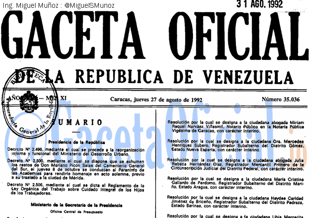 Gaceta Oficial 35036 del 27 Agosto 1992