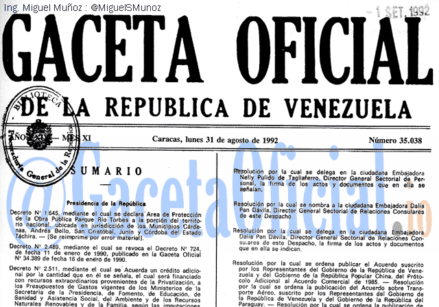 Gaceta Oficial 35038 del 31 Agosto 1992