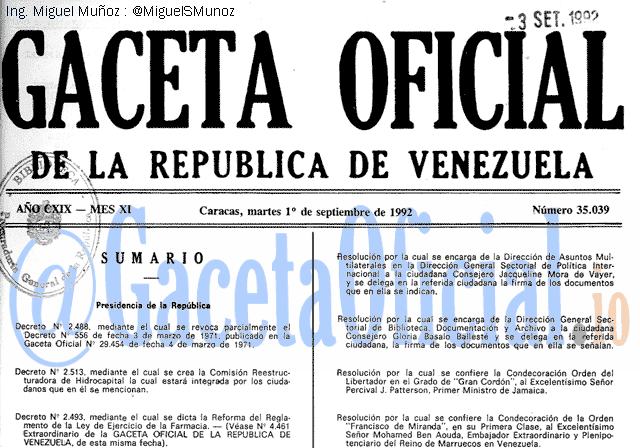 Gaceta Oficial 35039 del 1 Septiembre 1992