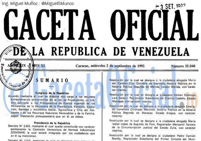 Gaceta Oficial 35040 del 2 Septiembre 1992