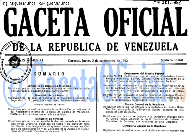 Gaceta Oficial 35041 del 3 Septiembre 1992
