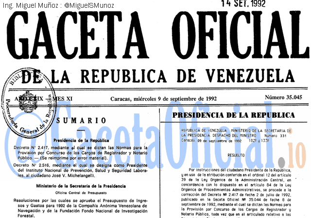 Gaceta Oficial 35045 del 9 Septiembre 1992