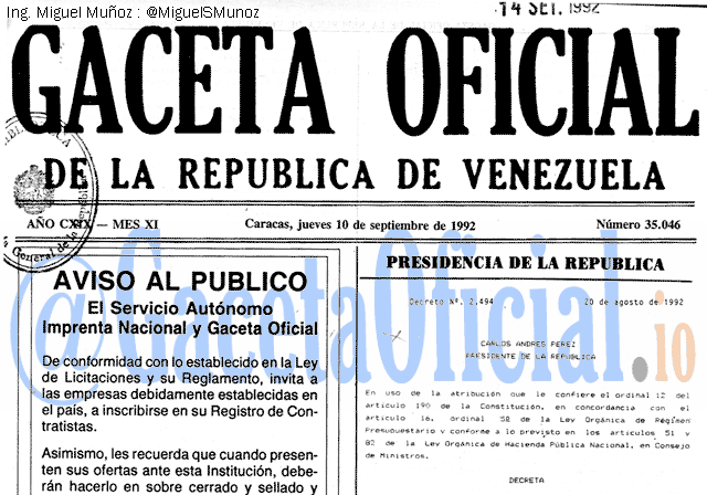 Gaceta Oficial 35046 del 10 Septiembre 1992