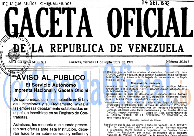 Gaceta Oficial 35047 del 11 Septiembre 1992
