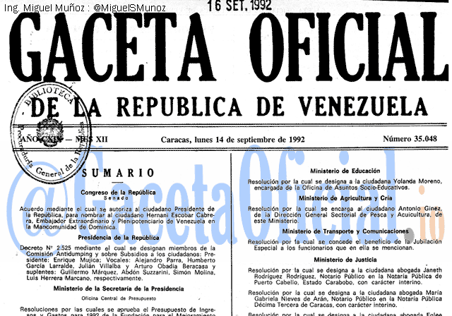 Gaceta Oficial 35048 del 14 Septiembre 1992