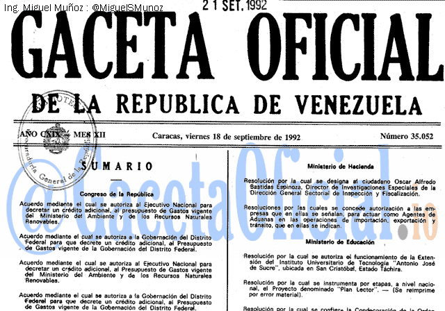 Gaceta Oficial 35052 del 18 Septiembre 1992