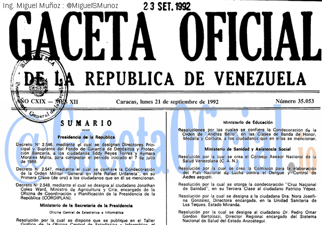 Gaceta Oficial 35053 del 21 Septiembre 1992