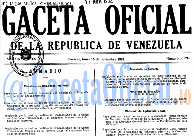 Gaceta Oficial 35092 del 16 Noviembre 1992