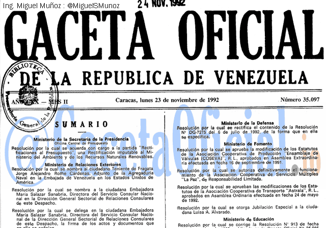 Gaceta Oficial 35097 del 23 Noviembre 1992