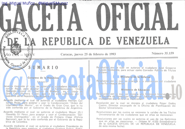 Gaceta Oficial 35159 del 25 Febrero 1993