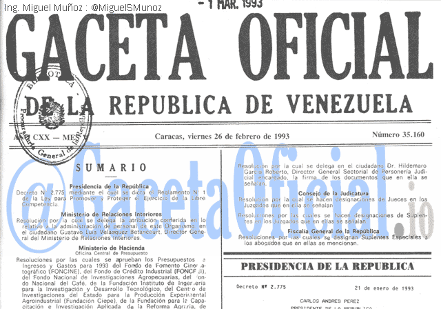 Gaceta Oficial 35160 del 26 Febrero 1993