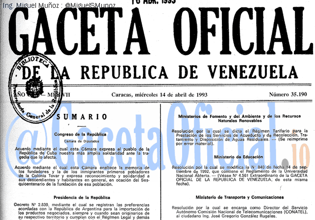 Gaceta Oficial 35190 del 14 Abril 1993