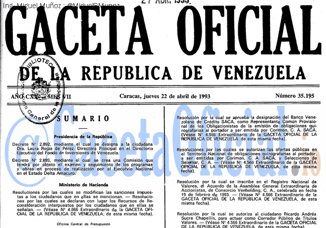 Gaceta Oficial 35195 del 22 Abril 1993