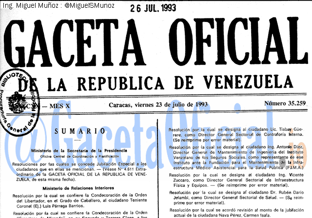 Gaceta Oficial 35259 del 23 Julio 1993