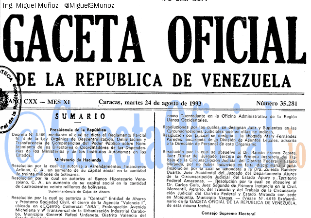 Gaceta Oficial 35281 del 24 Agosto 1993