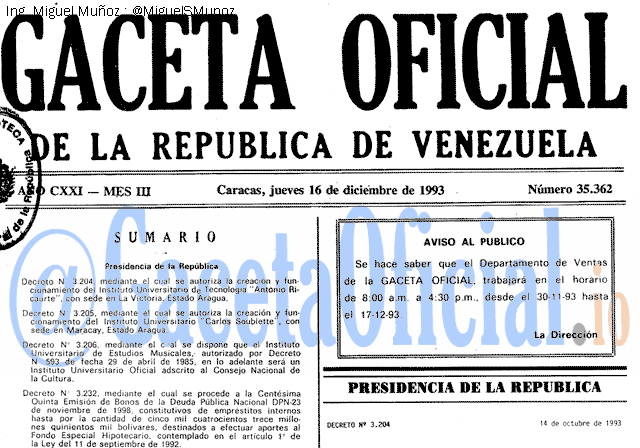 Gaceta Oficial 35362 del 16 Diciembre 1993