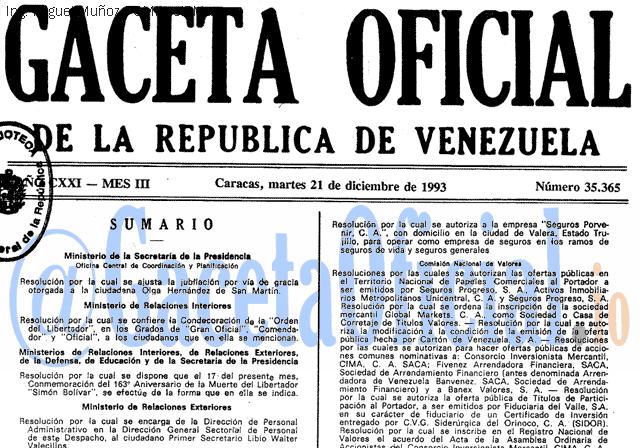 Gaceta Oficial 35365 del 21 Diciembre 1993