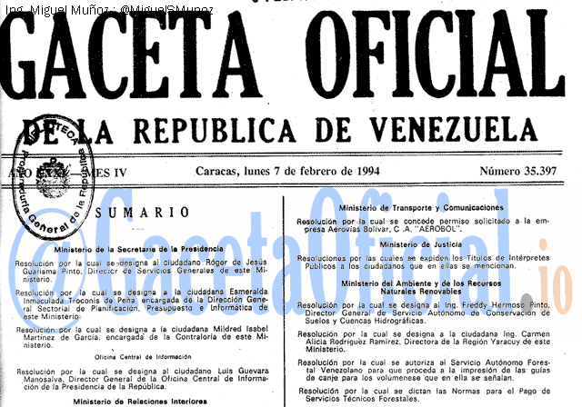 Gaceta Oficial 35397 del 7 Febrero 1994