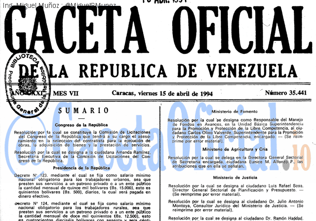 Gaceta Oficial 35441 del 15 Abril 1994